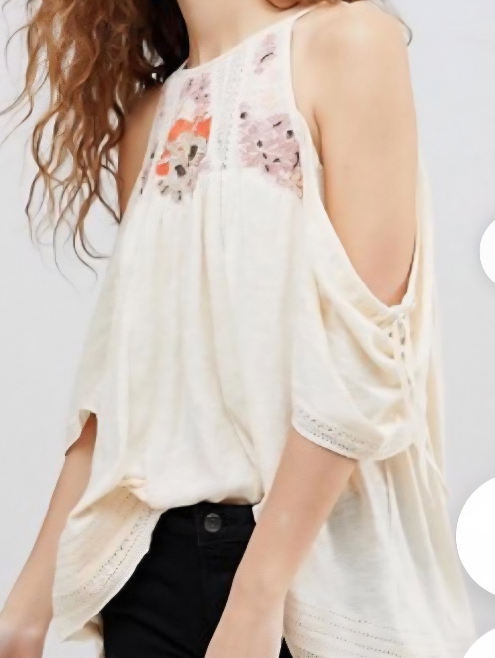 Free People Cream Cold-Shoulder Embroidered Tunic with Orange & Pink Accents